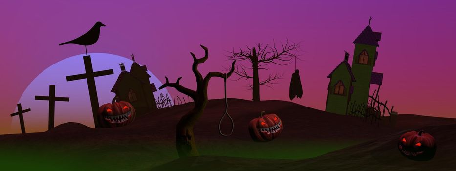 Halloween pumpkins and houses, trees, crosses, crow and dead man by violet night with full moon