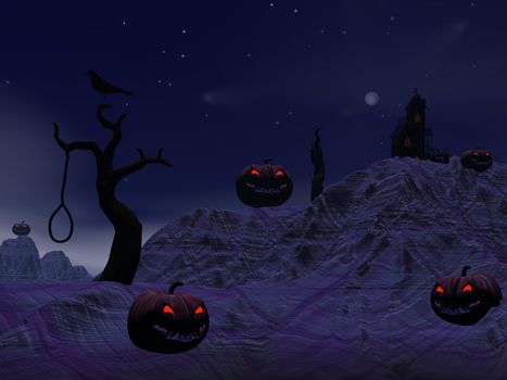 Halloween pumpkins and houses, trees, crosses, crow and dead man by dark night