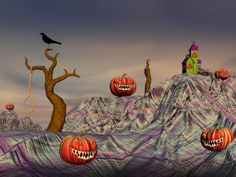 Halloween pumpkins and houses, trees, crosses, crow and dead man by colorful night