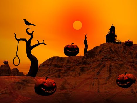 Halloween pumpkins and houses, trees, crosses, crow and dead man by red sunset
