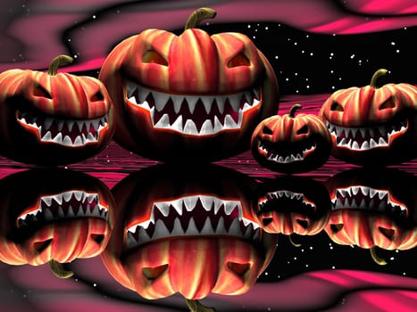 Halloween pumpkins by red starry night and their reflection in the mirror
