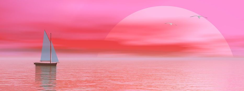 Small sailboat on the ocean next to seagulls flying by pink sunset