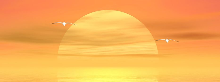 Big yellow sun shining while sunset over the ocean with two seagulls fliying