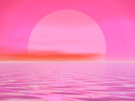 Big pink sun shining while sunset over the ocean