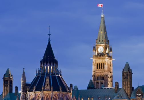 A closeup of the canadian Parliament and library architecture at 5:00 p.m. in Ottawa, Canada.