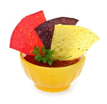 Bowl of salsa with colorful tortilla chips isolated on white background