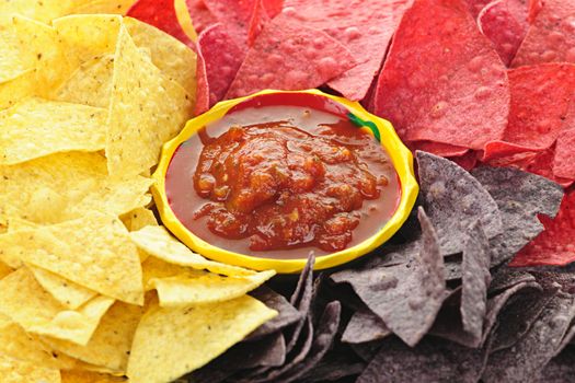 Bowl of salsa with colorful tortilla chips