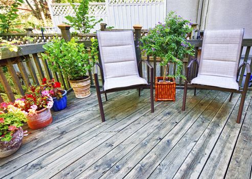 Chairs and plants on wooden deck in backyard of home