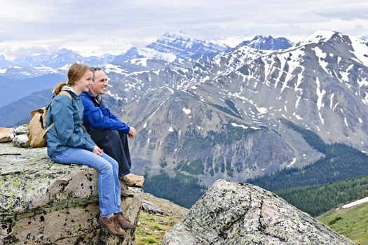 Father and daughter enjoying scenic Canadian Rocky Mountains view in Jasper National park