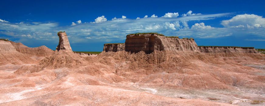 Panorama of the rugged rock formations found in Badlands National Park.