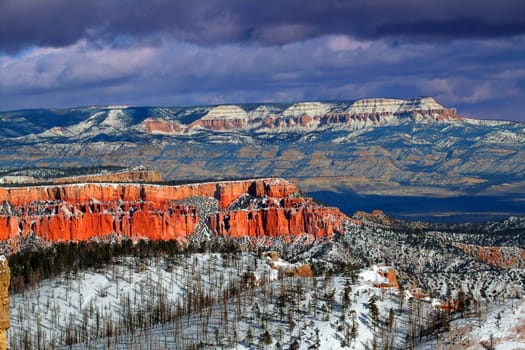 View of snow covered cliffs from Farview Point in Bryce Canyon National Park.