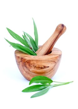 wooden mortar with green leaves of sage, on white background