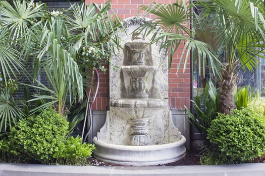 Renaissance Style Water Fountain with Cherubs and Roses in Garden Courtyard