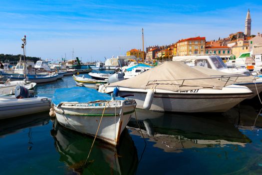 boats in old Istrian town in Novigrad, Croatia.