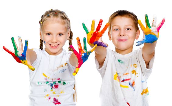 kids with hands in paint  on a white background