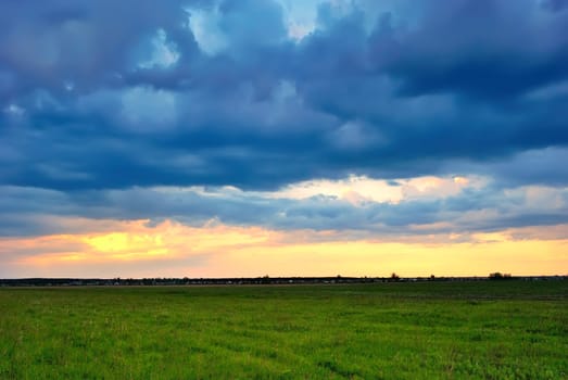 Dramatic sunset over a green field on a summer evening