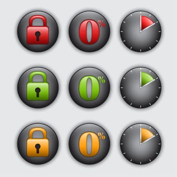 Set of clock, padlock and percent buttons