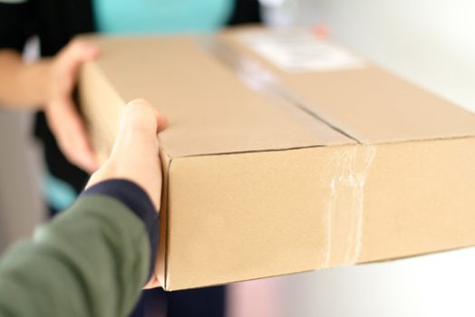 Mailman delivering a parcel at a womans flat