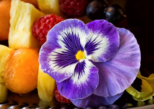 Nature and food combine as this beautiful orchid adorns a fruit serving plate.