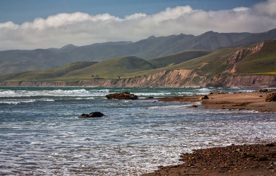 Waves arrive on shore at Jalama Beach near Santa Barbara, California.