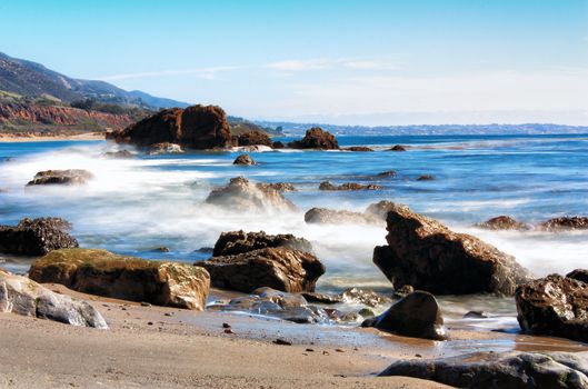Waves come ashore at Leo Carillo State Beach near Los Angeles, California.