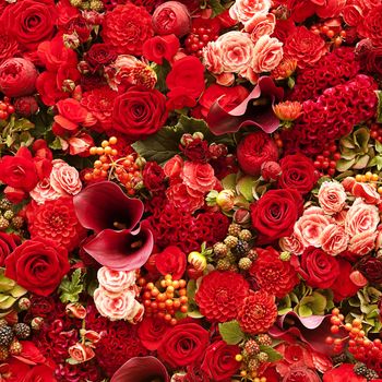 Flowers background with roses, berries, asters and callas