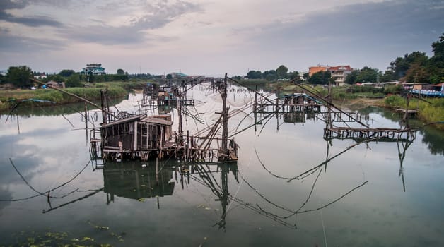 Traditional wooden fishing structures called Calimeras in Montenegro - Albanian border.