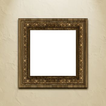 Baroque style picture frame on stucco wall.
