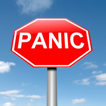 Illustration depicting a roadsign with a panic concept. Sky background.