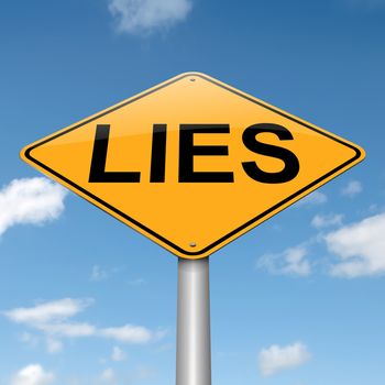 Illustration depicting a roadsign with a lies concept. Sky background.