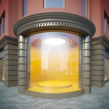 A 3D illustration of corner empty showcase in classical style.