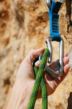 Extreme sport. Rope for climbing and quick-draws