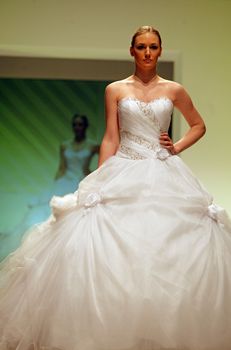 ZAGREB, CROATIA - FEBRUARY 19: Fashion model walks the runway in wedding dress on 'Wedding days' show, February 19, 2012 in Zagreb, Croatia.