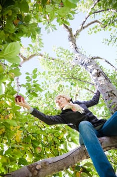 Girl sitting on a apple tree reaching for a branch with apples