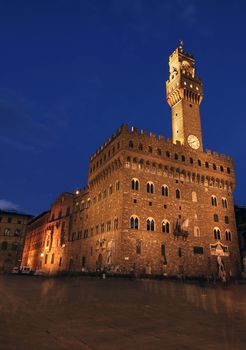 Palazzo vecchio on piazza della signora in Florence at night, Italy