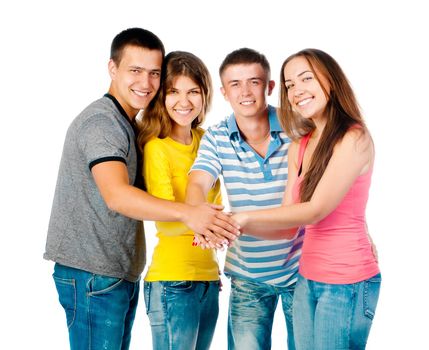 group of young people holding hands isolated on a white background