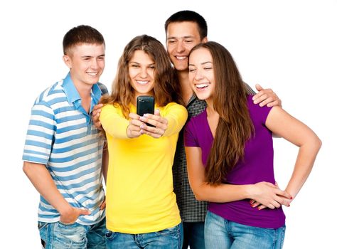 group of young people with mobile phone on a white background