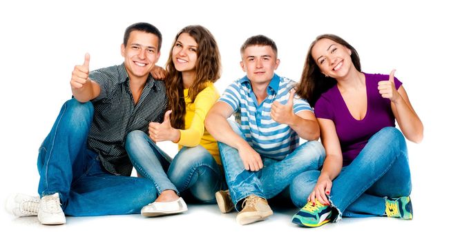 group of young people with thumbs up in a white background