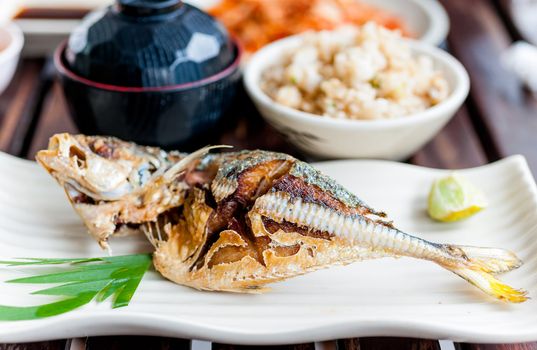 grilled jack mackerel fish with salt japanese traditional food
