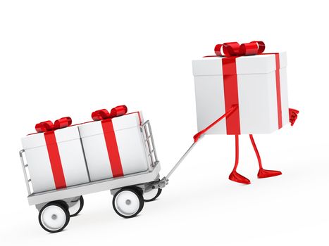 red white gift box draws a trolley