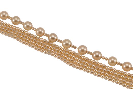 Pearl beads jewelry chain closeup isolated on white background.