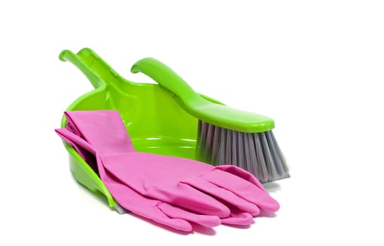 dustpan and golves in green and pink