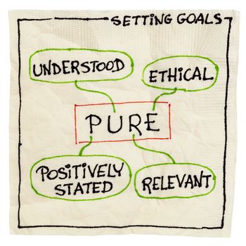 PURE (positively stated, understood, relevant, ethical) goal setting concept - a napkin doodle isolated on white