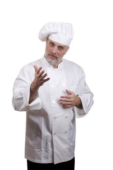 Portrait of a caucasian chef in his uniform on a white background.