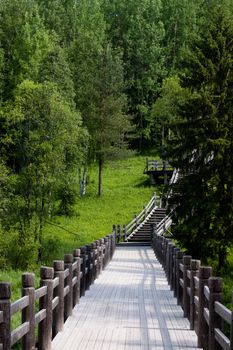 A big wooden staircase and wooden bridg
