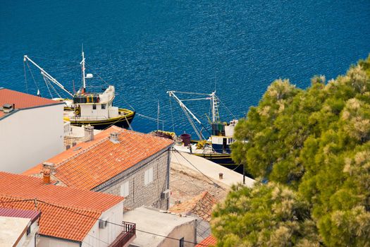 Fishing boats aerial view in Novigrad Dalmatinski, Dalmatia, Croatia