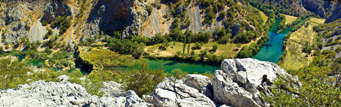 Zrmanja river canyon - Krupa mouth and Visoki buk waterfall panoramic aerial view, Dalmatia, Croatia