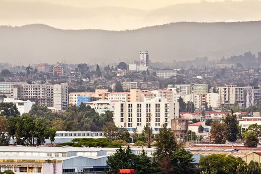 Aerial view of the city of Addis Ababa, showing the densely packed houses