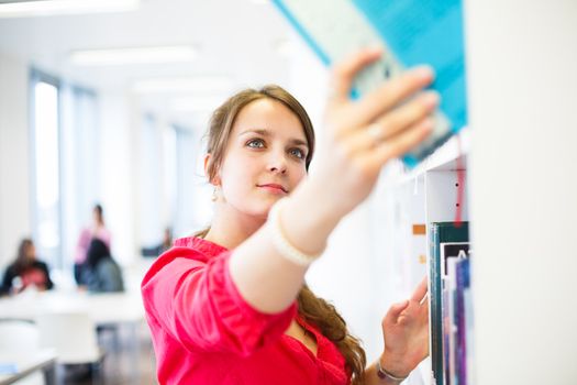 Pretty young college student in a library (shallow DOF; color toned image)