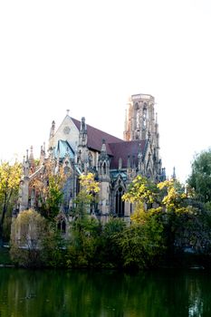 A pceudo gothic church and pond in Stuttgart
